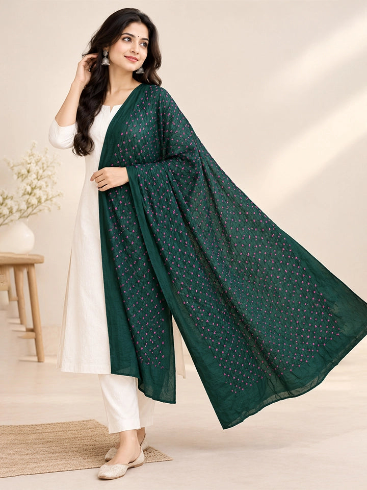 Hand-Dyed Emerald Green Silk Dupatta with Pink Bandhej