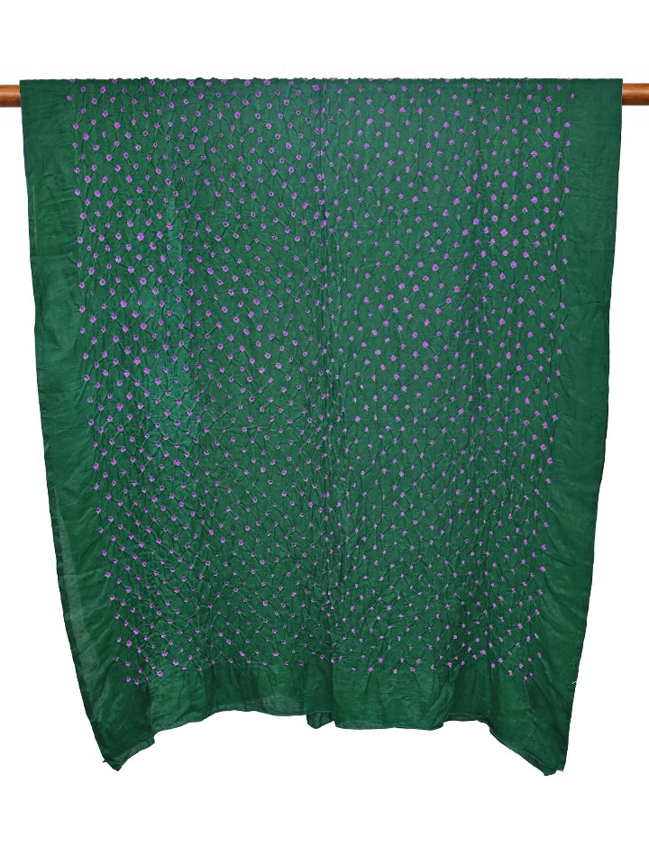 Hand-Dyed Emerald Green Silk Dupatta with Pink Bandhej