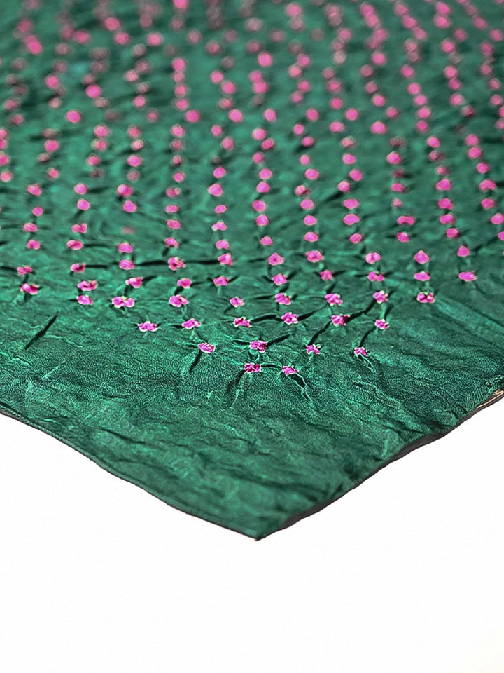 Hand-Dyed Emerald Green Silk Dupatta with Pink Bandhej