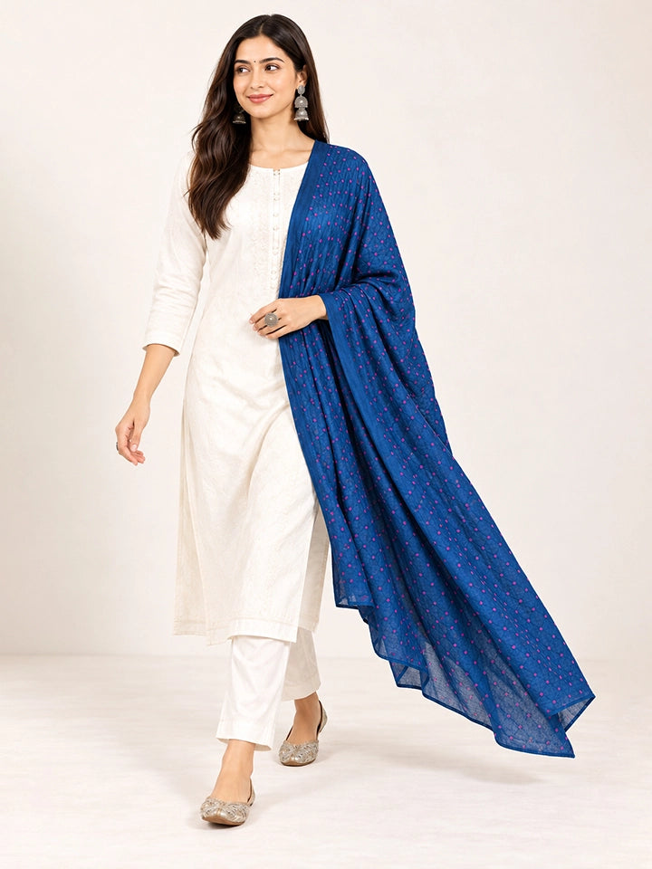 Hand-Dyed Navy Blue Silk Dupatta with Pink Bandhej