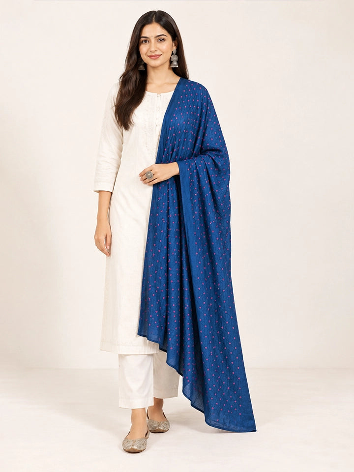 Hand-Dyed Navy Blue Silk Dupatta with Pink Bandhej