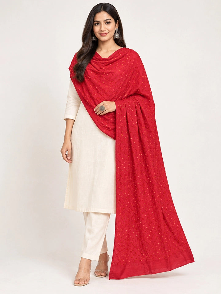Hand-Dyed Red Silk Dupatta with Yellow Bandhej