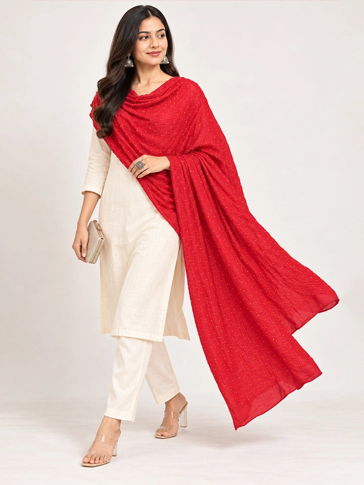 Hand-Dyed Red Silk Dupatta with Yellow Bandhej