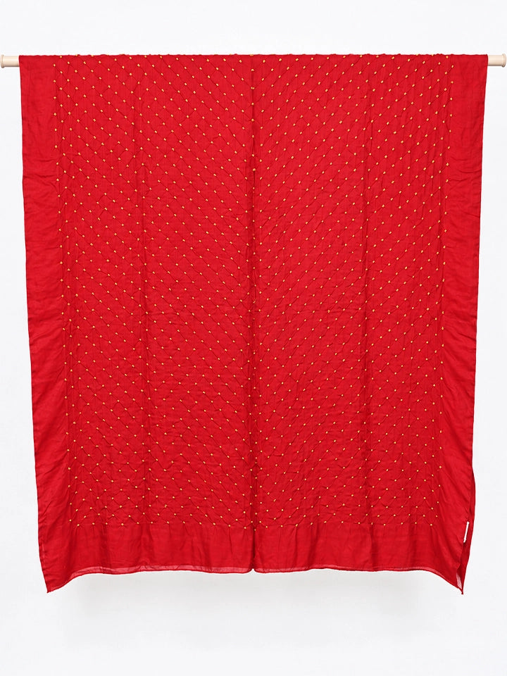 Hand-Dyed Red Silk Dupatta with Yellow Bandhej