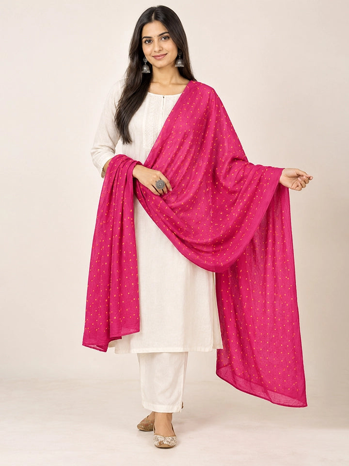 Hand-Dyed Rani Pink Silk Dupatta with Yellow Bandhej