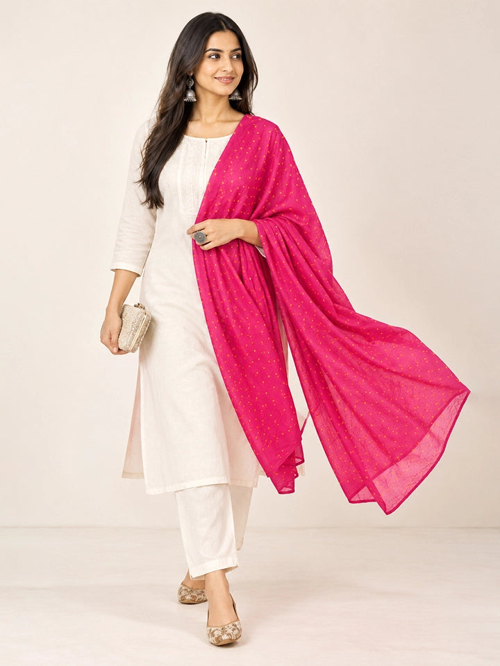 Hand-Dyed Rani Pink Silk Dupatta with Yellow Bandhej