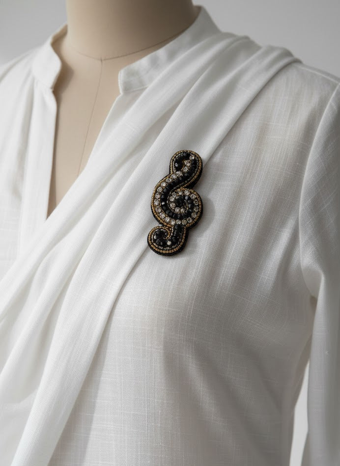 Hand-Embroidered Musical Note Brooch