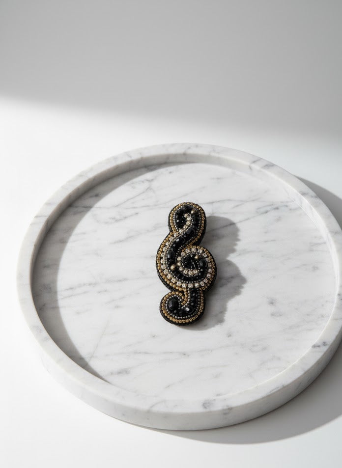 Hand-Embroidered Musical Note Brooch