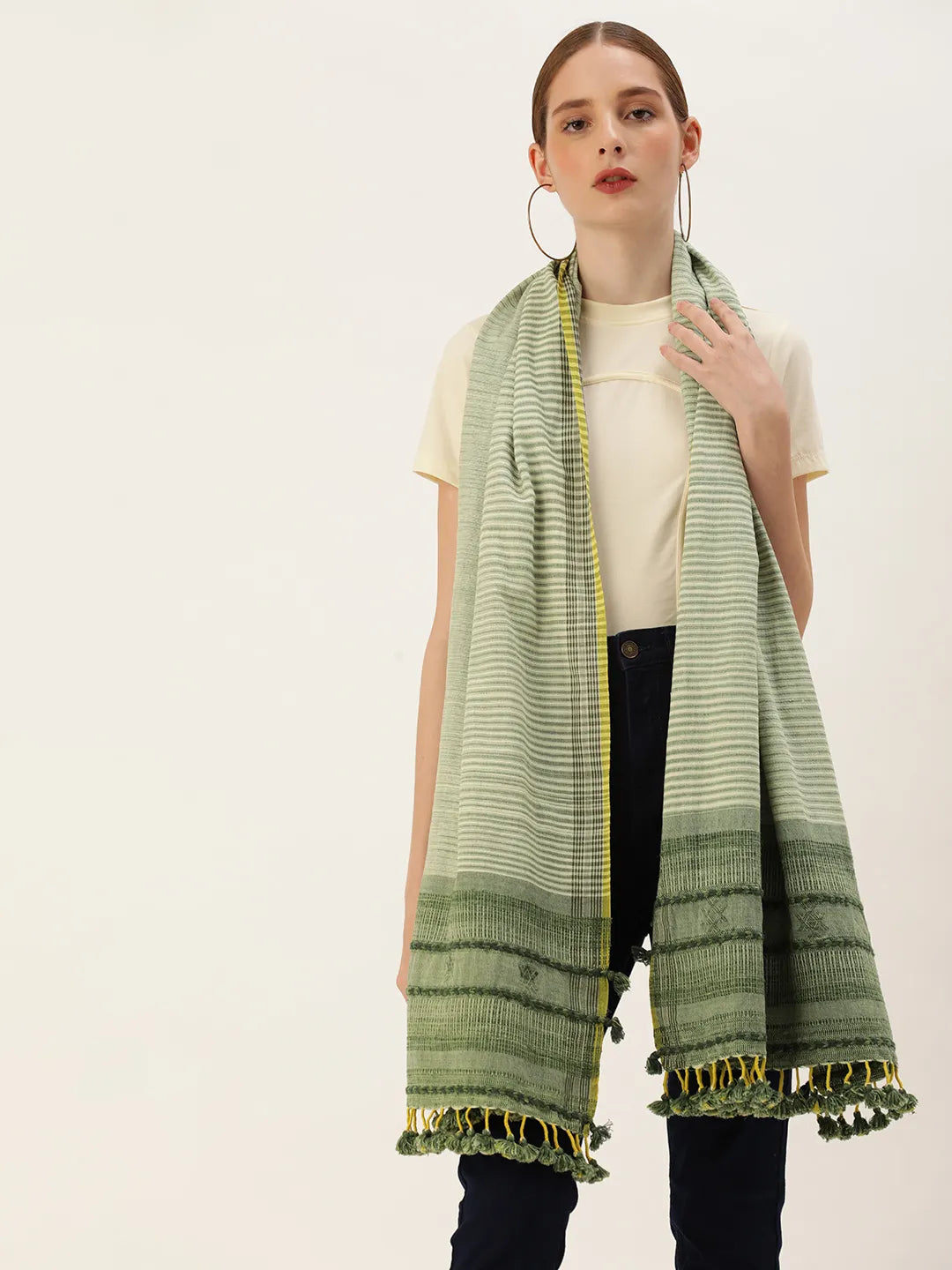 Handcrafted Cotton Scarf in White & Green with Tassels