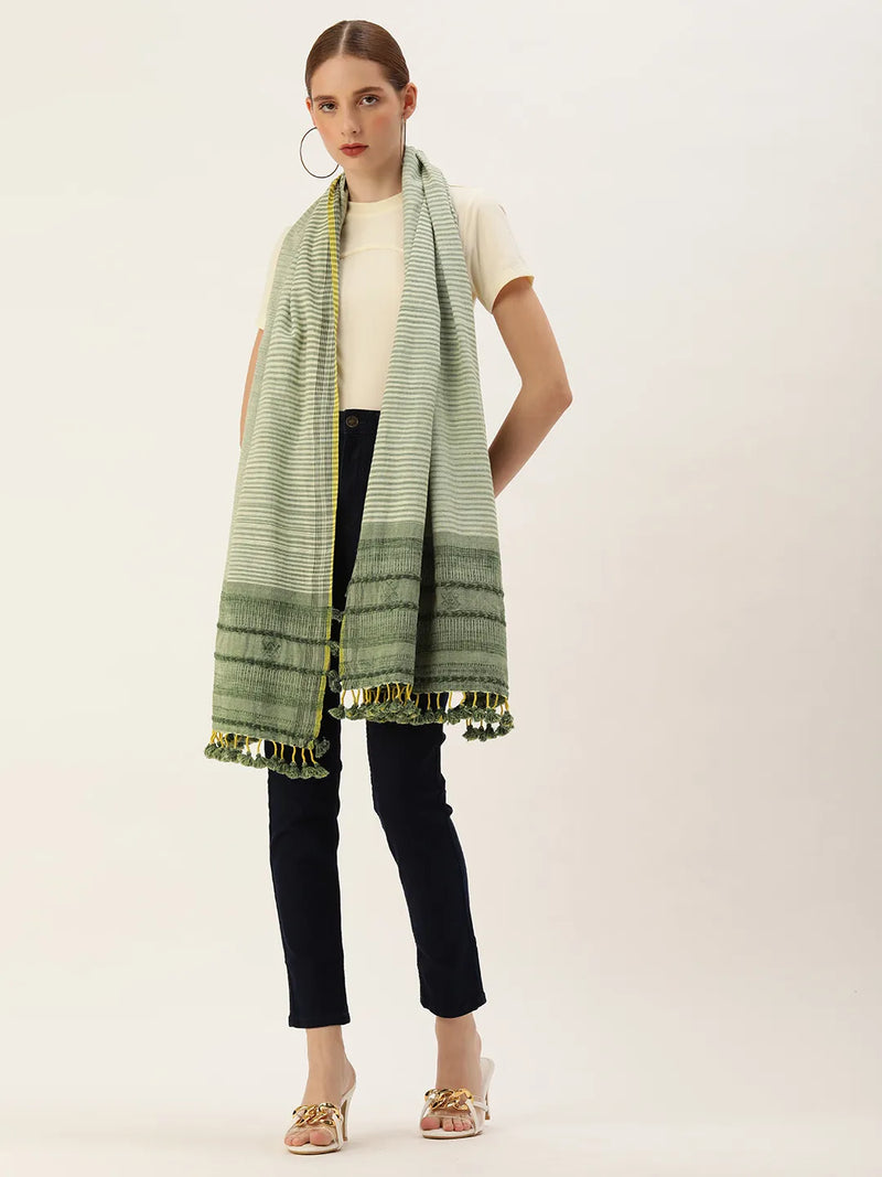 Handcrafted Cotton Scarf in White & Green with Tassels