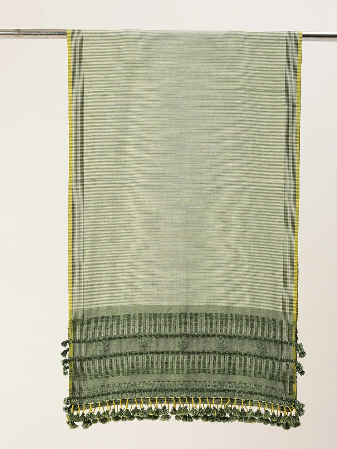 Handcrafted Cotton Scarf in White & Green with Tassels