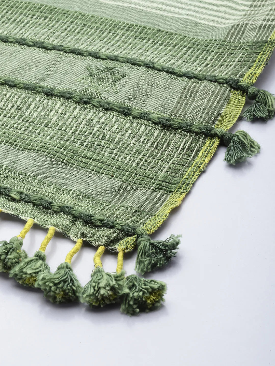 Handcrafted Cotton Scarf in White & Green with Tassels