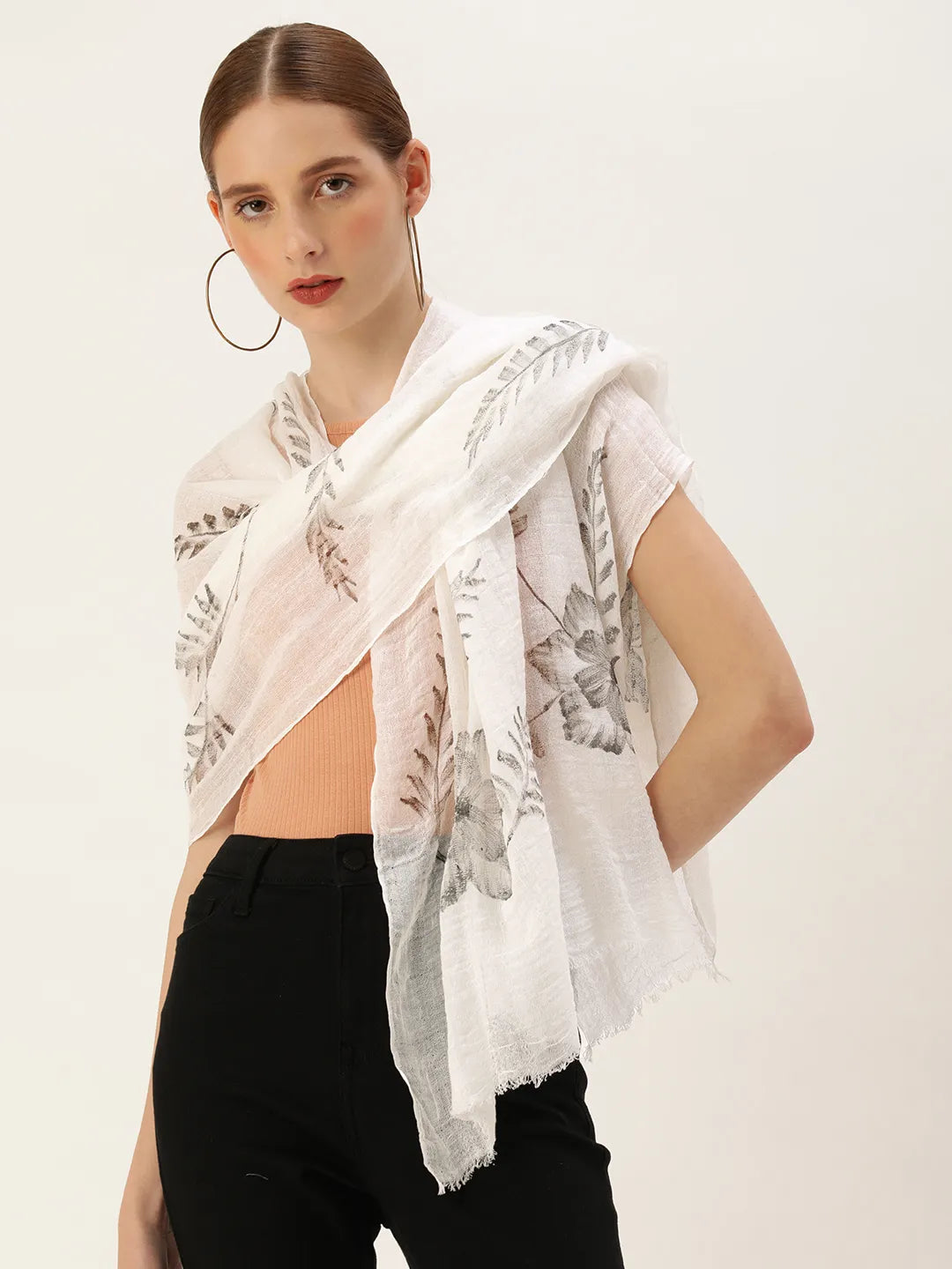 ASVA Handpainted Linen Scarf with Monochrome Florals