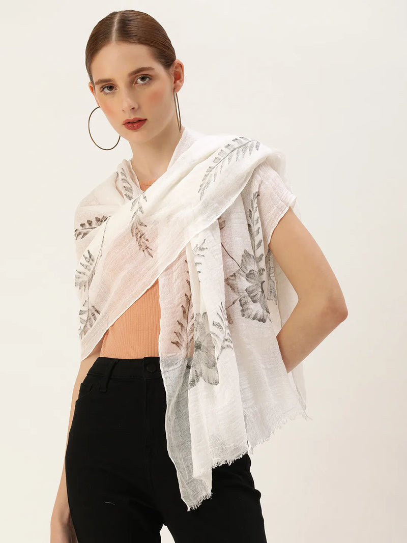 Handpainted Linen Scarf with Monochrome Florals