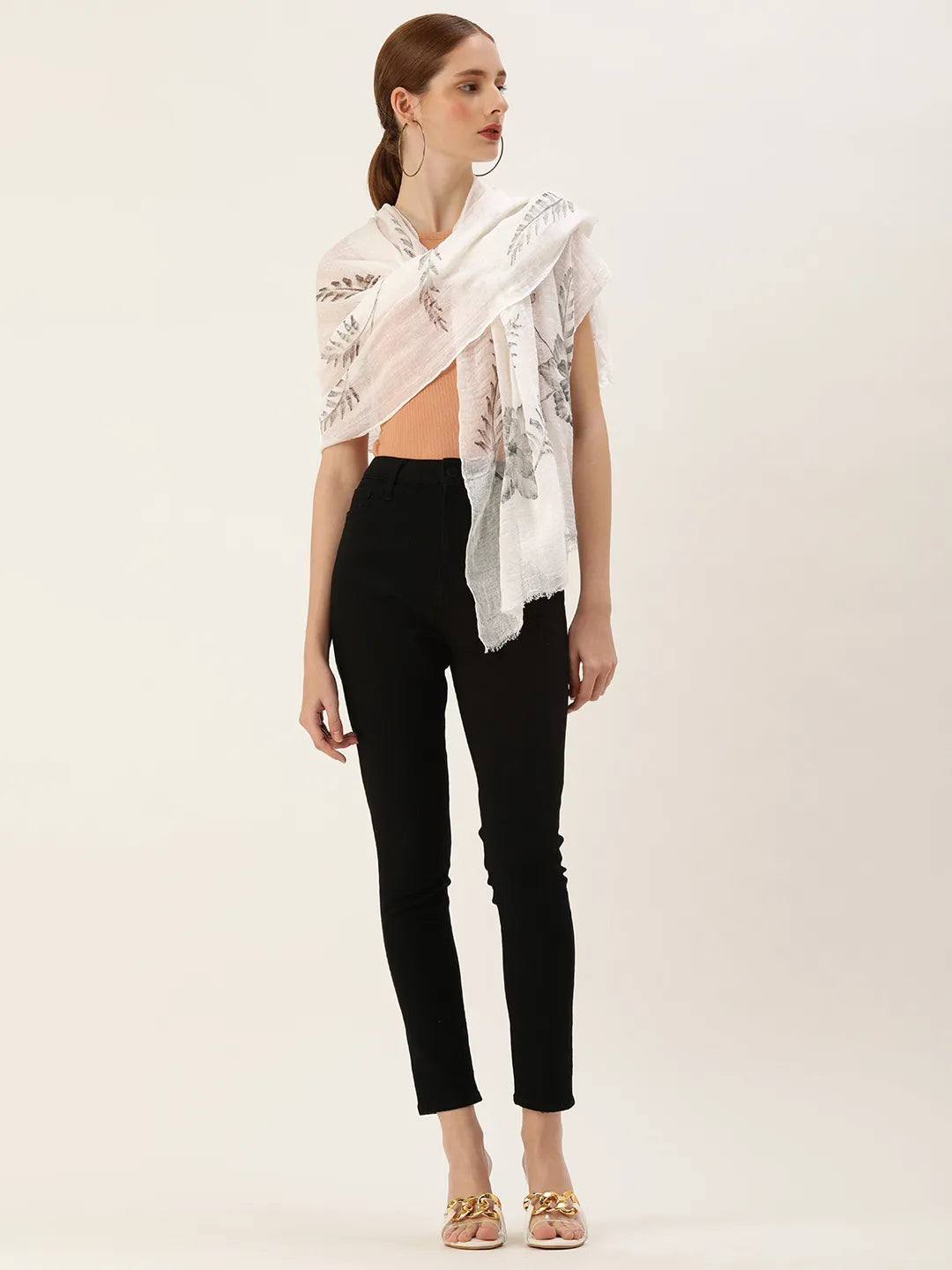 ASVA Handpainted Linen Scarf with Monochrome Florals