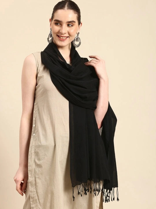 Handwoven Black Cotton Dupatta with Black Jamdani Buta All Over