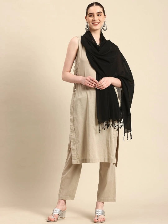 Handwoven Black Cotton Dupatta with Black Jamdani Buta All Over