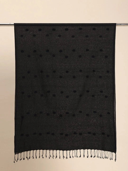 Handwoven Black Cotton Dupatta with Black Jamdani Buta All Over