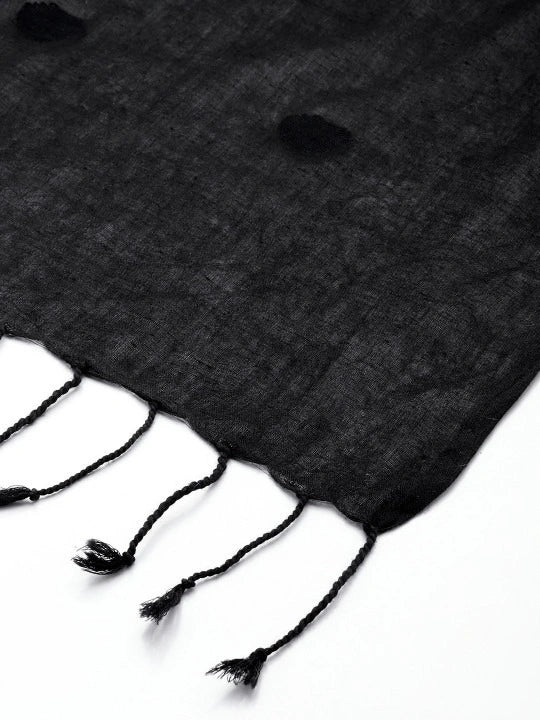 Handwoven Black Cotton Dupatta with Black Jamdani Buta All Over