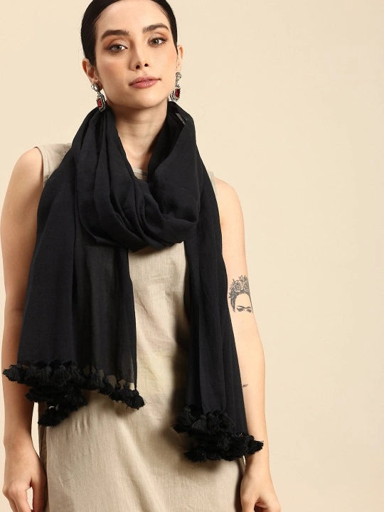 Handwoven Black Cotton Dupatta with Black Tassels