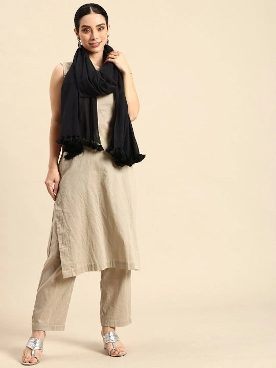 Handwoven Black Cotton Dupatta with Black Tassels