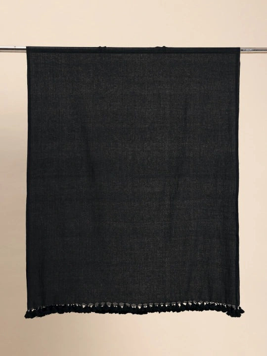 Handwoven Black Cotton Dupatta with Black Tassels