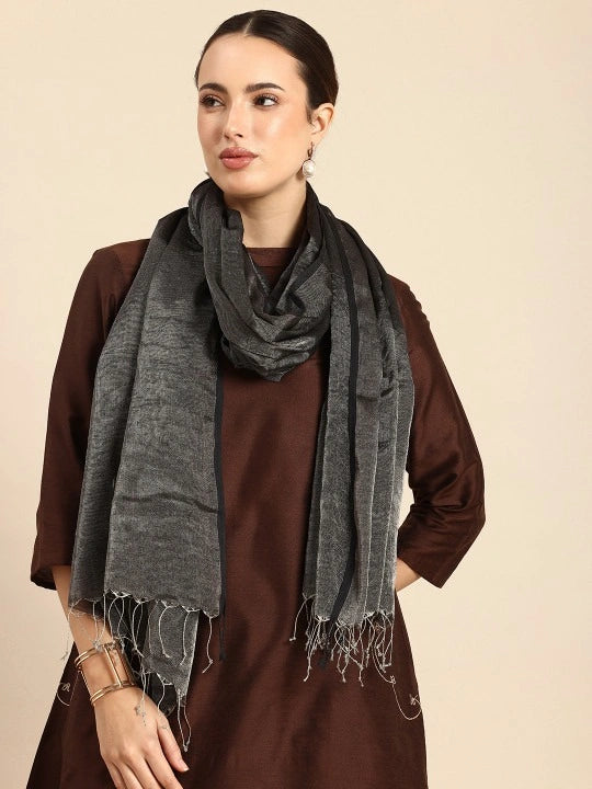 Handwoven Black Cotton Zari Dupatta with Black Selvedge