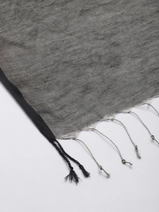 Handwoven Black Cotton Zari Dupatta with Black Selvedge