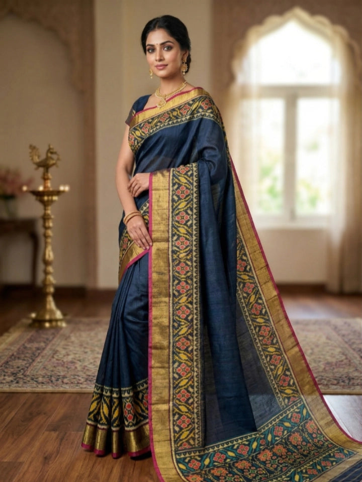 Handwoven Black Patan Patola Raw Silk Saree with Golden Border & Pallu