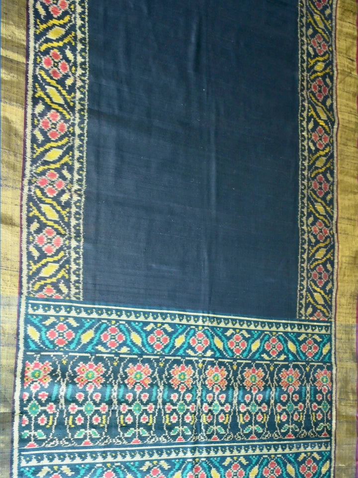 Handwoven Black Patan Patola Raw Silk Saree with Golden Border & Pallu