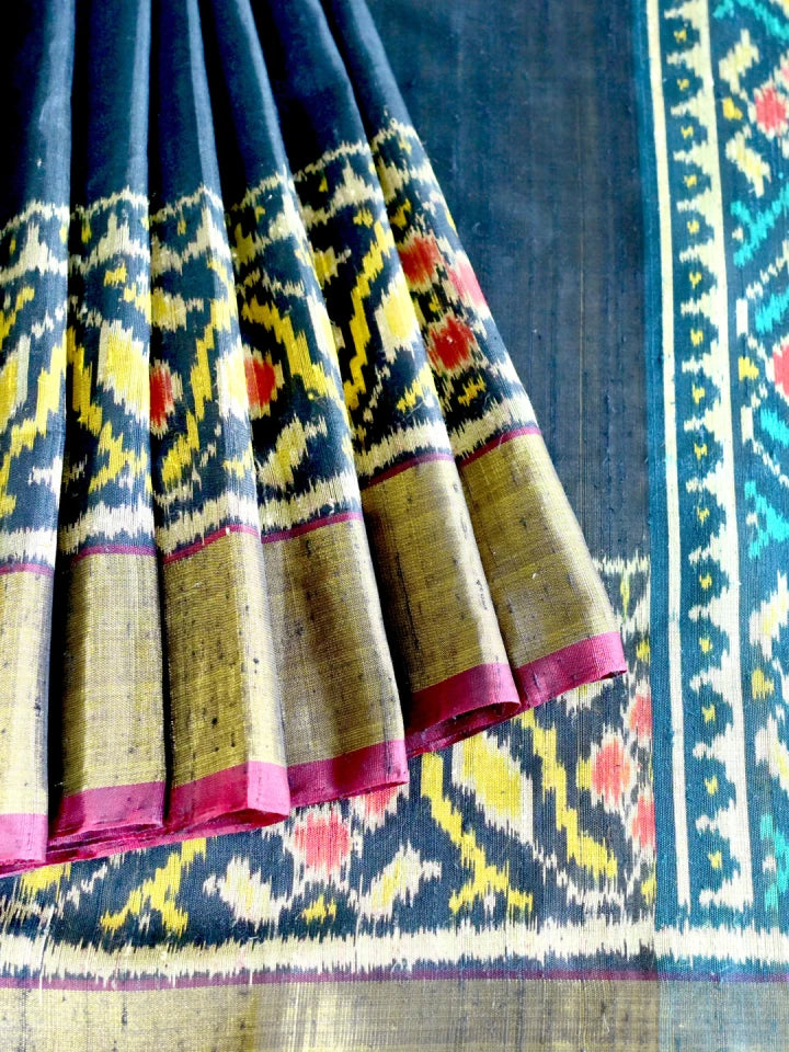 Handwoven Black Patan Patola Raw Silk Saree with Golden Border & Pallu