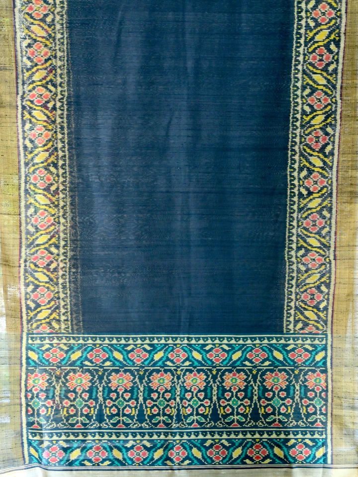 Handwoven Black Patan Patola Raw Silk Saree with Golden Border & Pallu