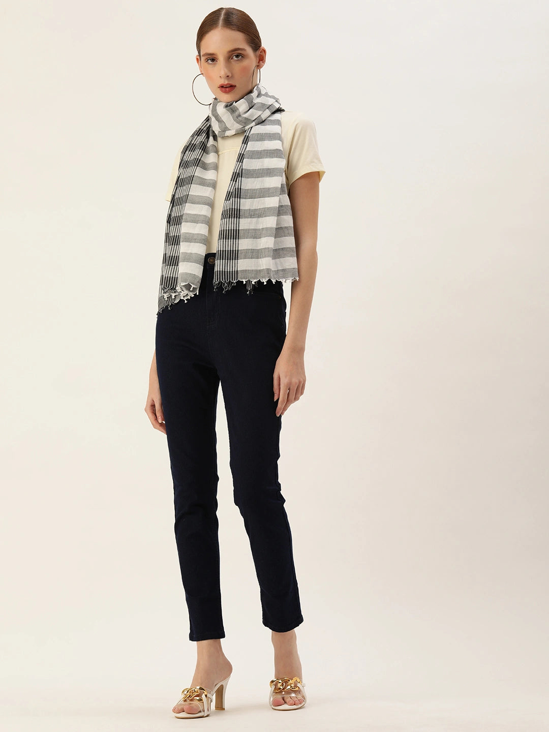 ASVA Handwoven Black and White Stripes Cotton Scarf