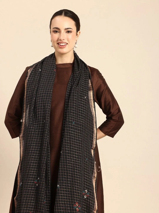 Handwoven Black cotton Dupatta with Zari and Jamdani Woven work