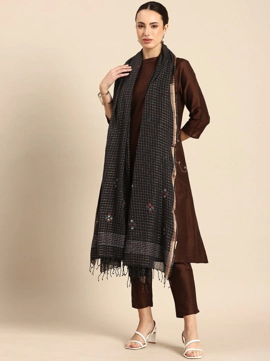 Handwoven Black cotton Dupatta with Zari and Jamdani Woven work