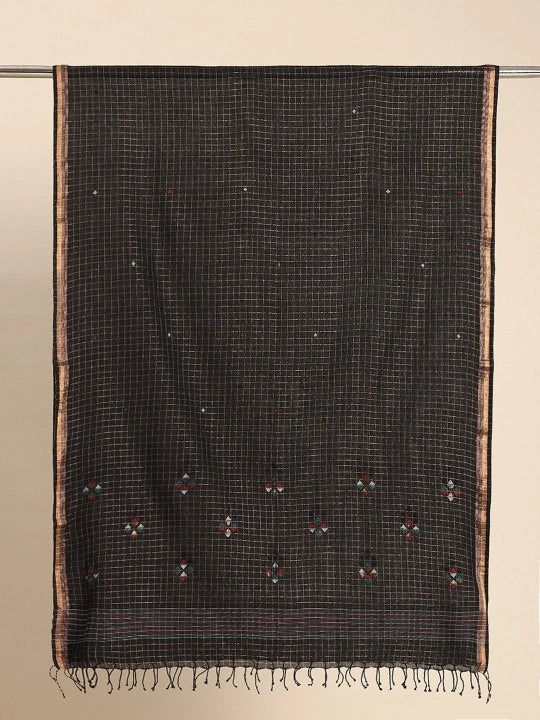 Handwoven Black cotton Dupatta with Zari and Jamdani Woven work