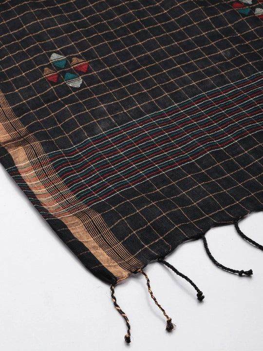 Handwoven Black cotton Dupatta with Zari and Jamdani Woven work