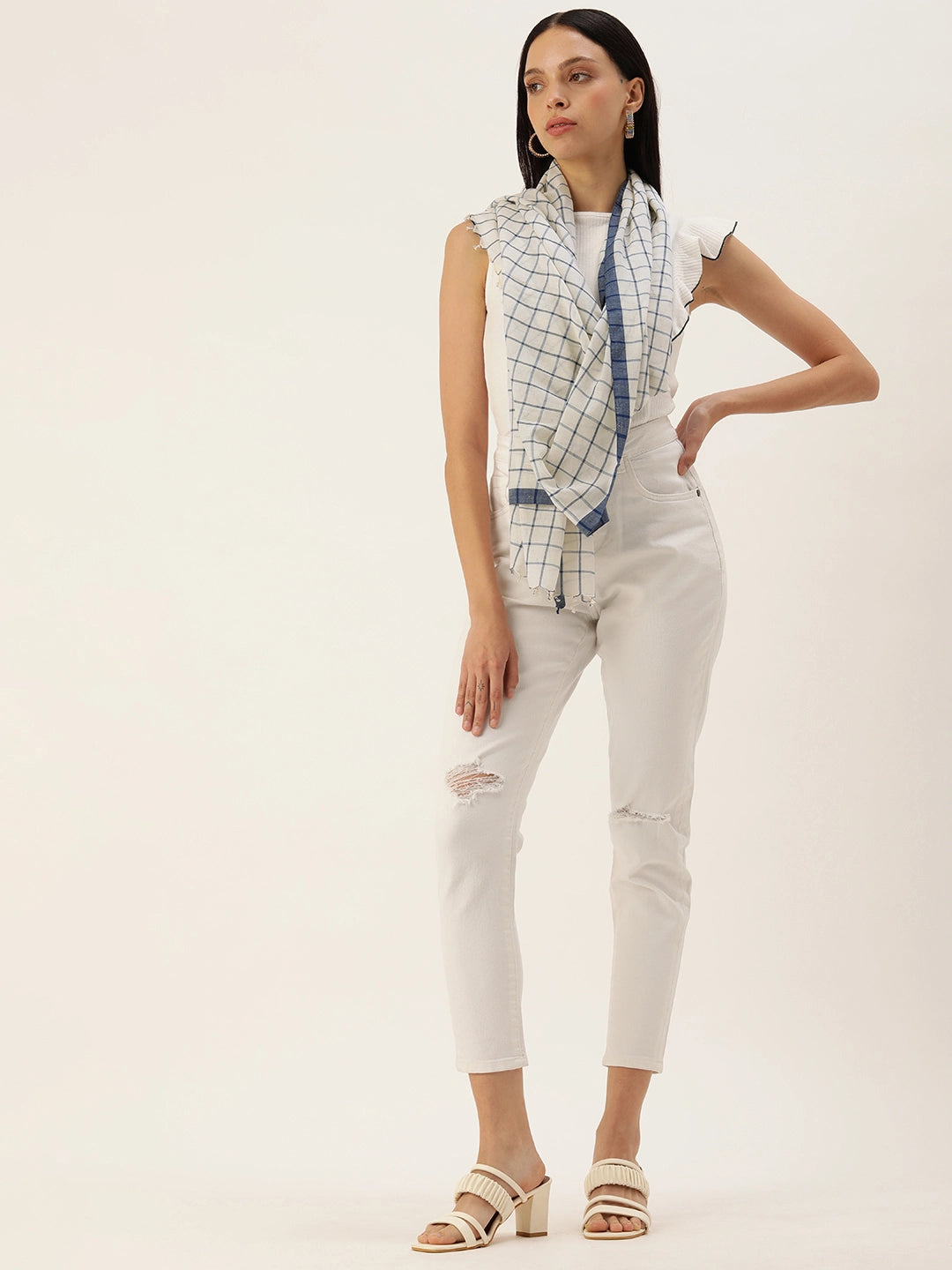 ASVA Handwoven Blue Checks on White base Cotton Scarf with Blue Border