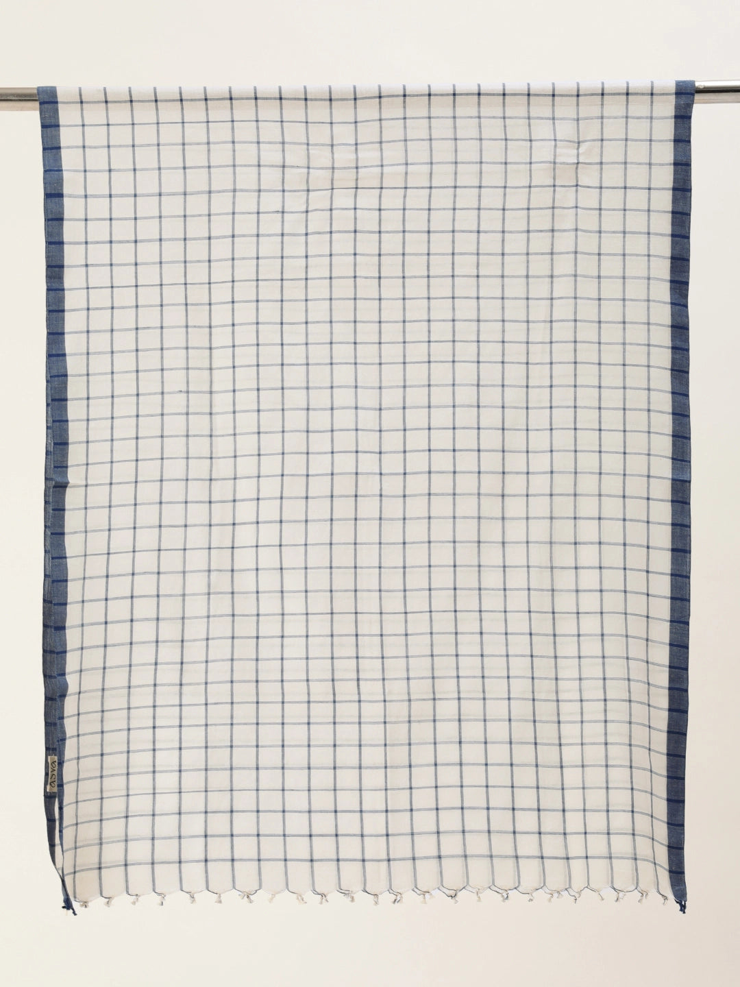 ASVA Handwoven Blue Checks on White base Cotton Scarf with Blue Border