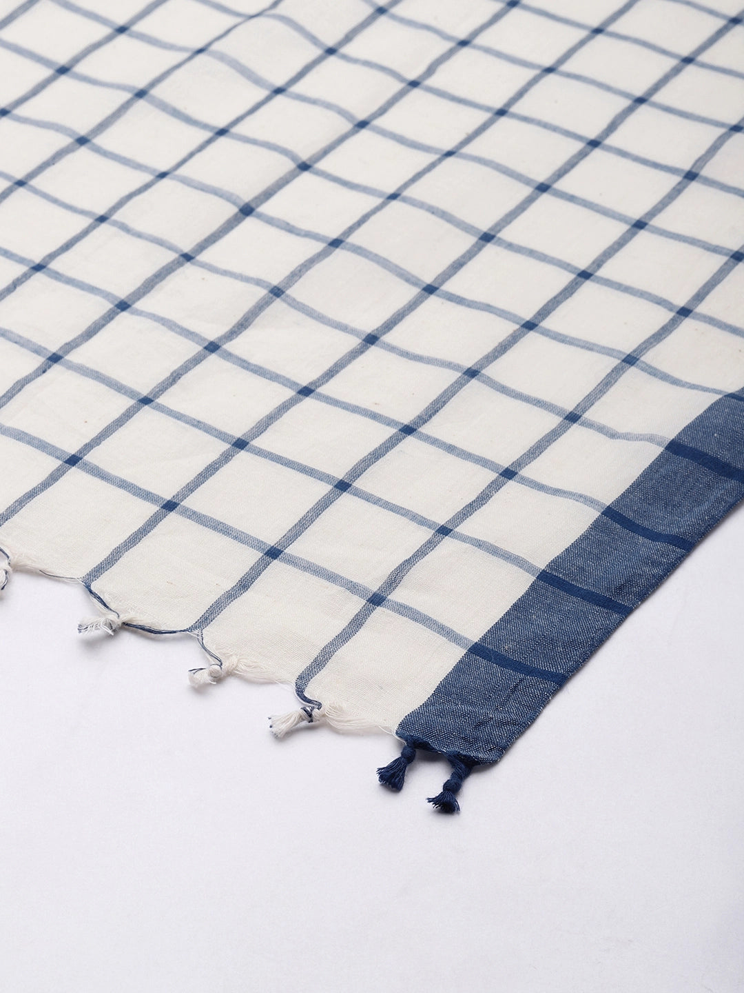 ASVA Handwoven Blue Checks on White base Cotton Scarf with Blue Border