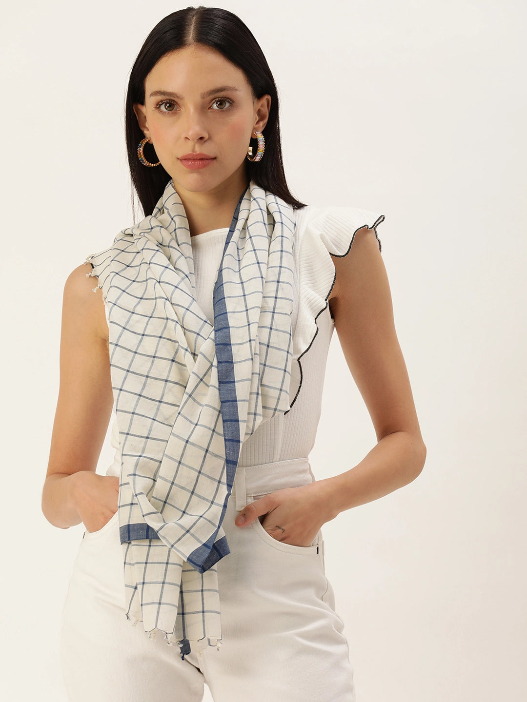 ASVA Handwoven Blue Checks on White base Cotton Scarf with Blue Border
