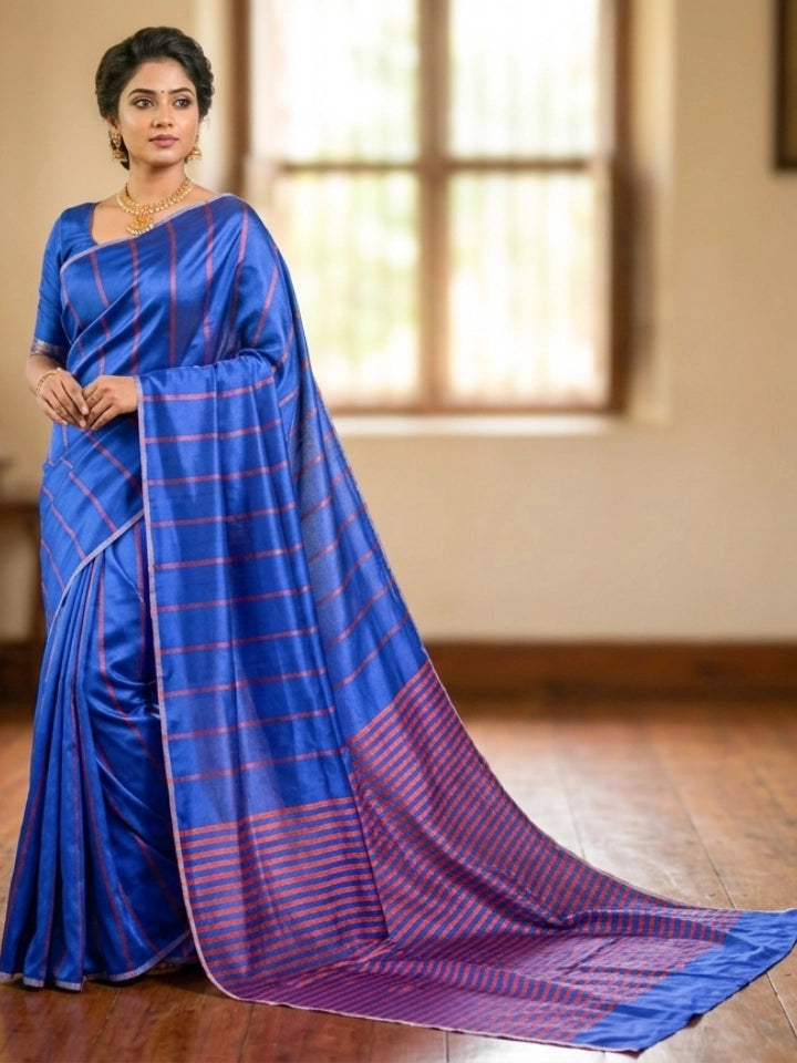 Handwoven Blue Tissue Silk Saree with Red Double Stripes Allover
