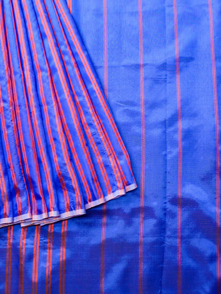 Handwoven Blue Tissue Silk Saree with Red Double Stripes Allover