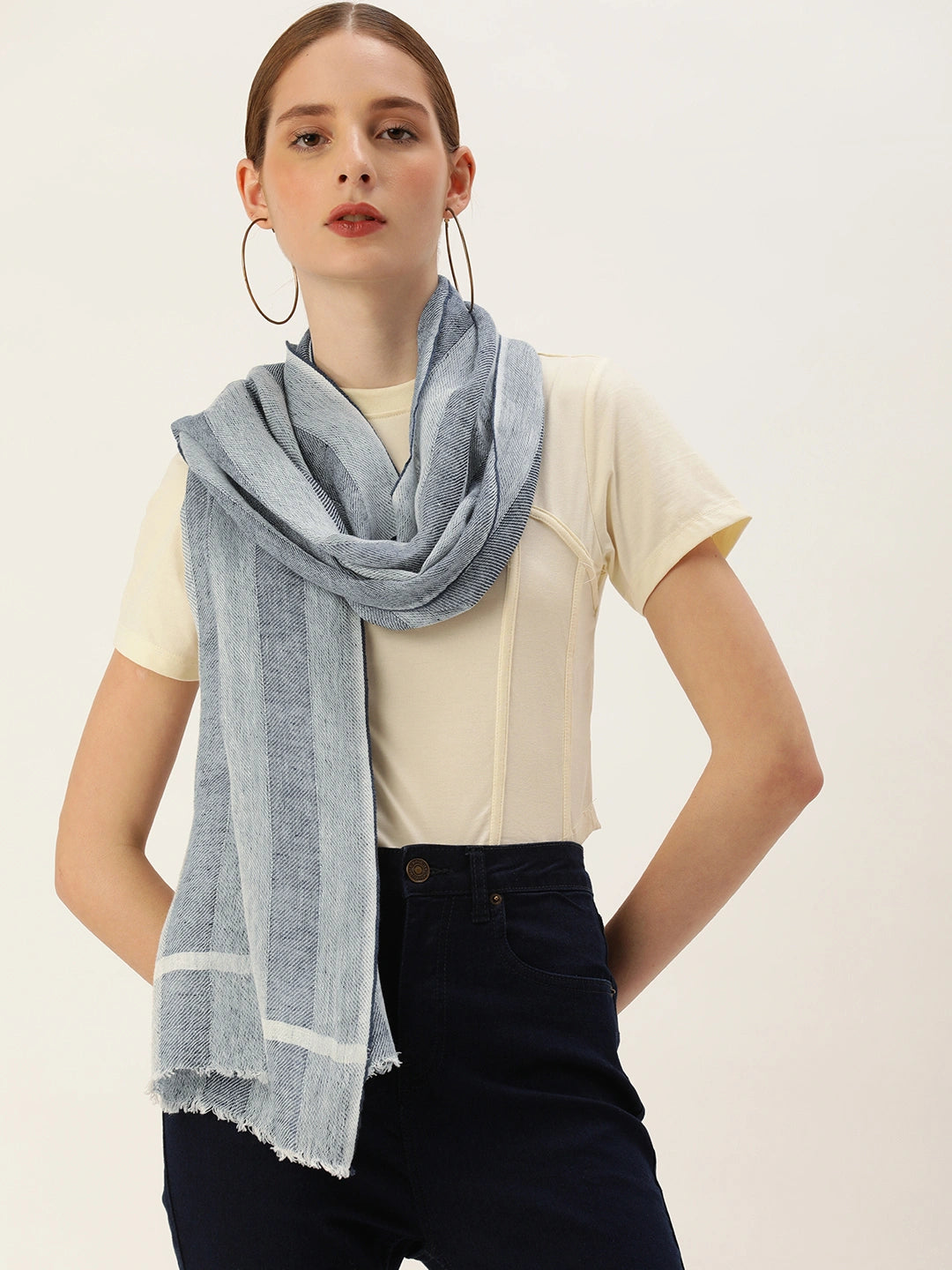 ASVA Handwoven Blue & White Striped Cotton Linen Scarf