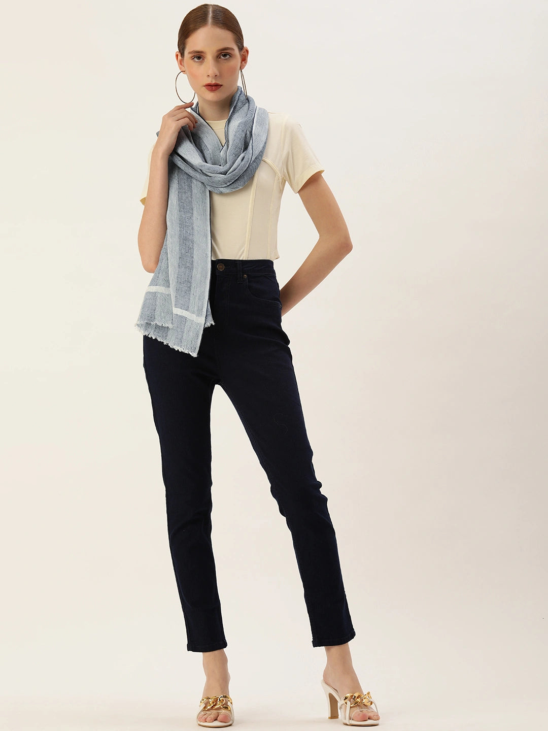 ASVA Handwoven Blue & White Striped Cotton Linen Scarf