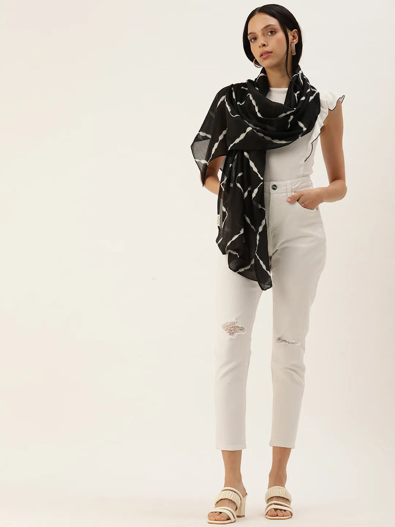 Handwoven Chanderi Silk Black and White Shibori Dyed Scarf