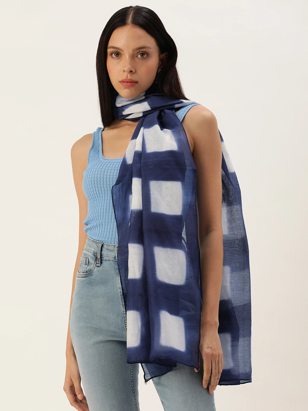 ASVA Handwoven Chanderi Silk Blue and White Shibori Dyed Scarf