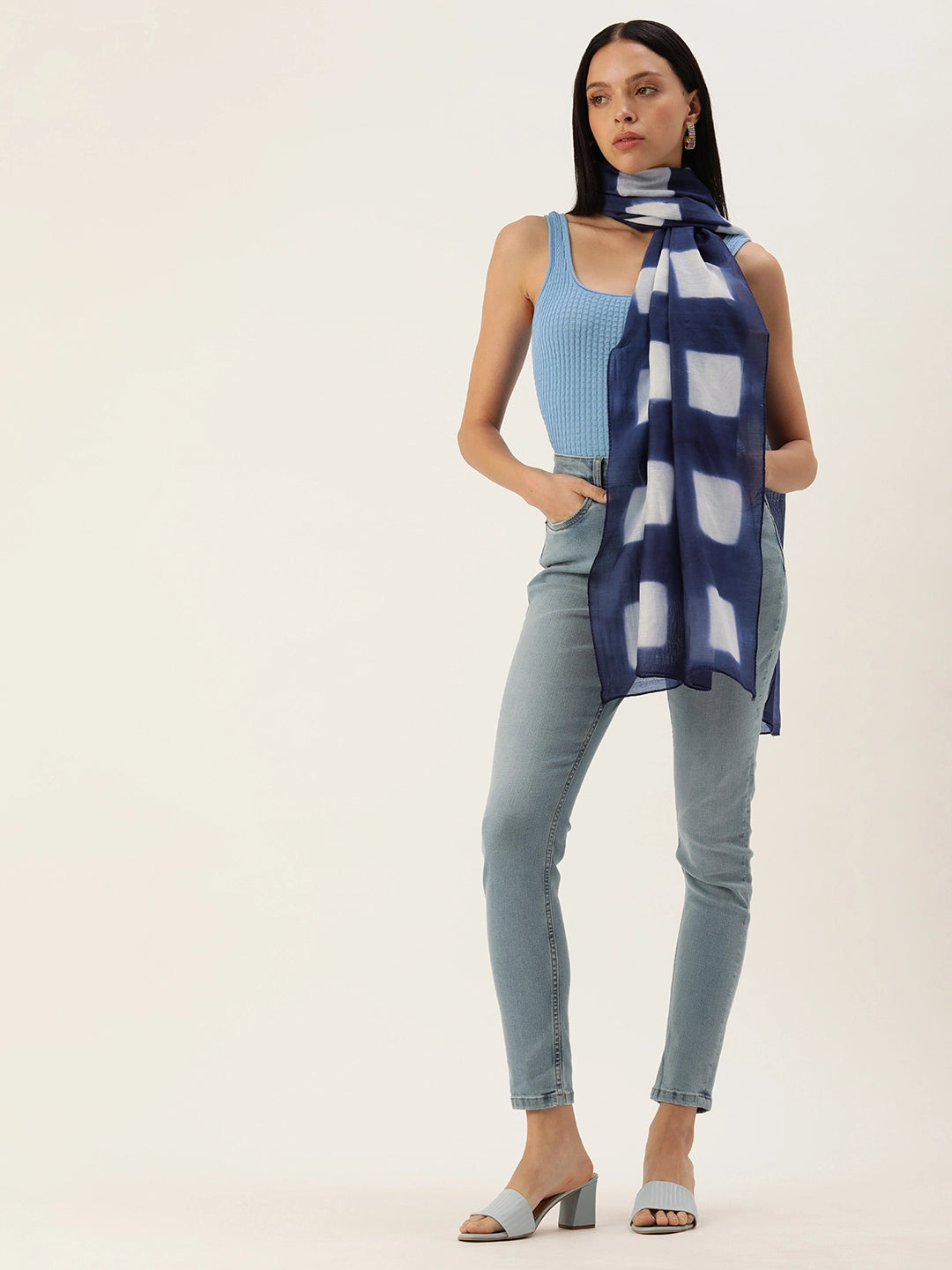 ASVA Handwoven Chanderi Silk Blue and White Shibori Dyed Scarf