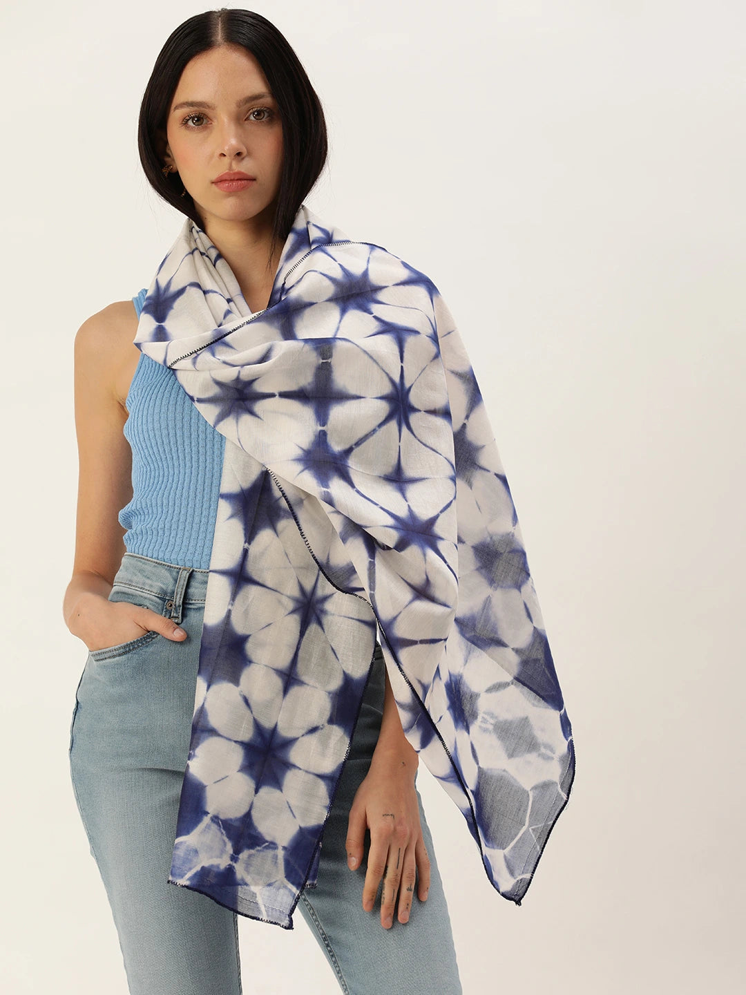 ASVA Handwoven Chanderi Silk Blue and White Shibori Starry Night Dyed Scarf
