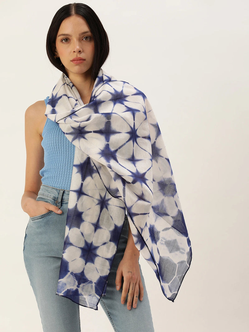 Handwoven Chanderi Silk Blue and White Shibori Starry Night Dyed Scarf